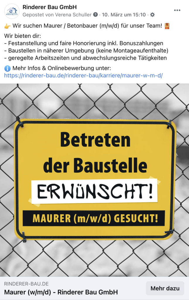 Coole Stellenanzeige für Rinderer Bau GmbH