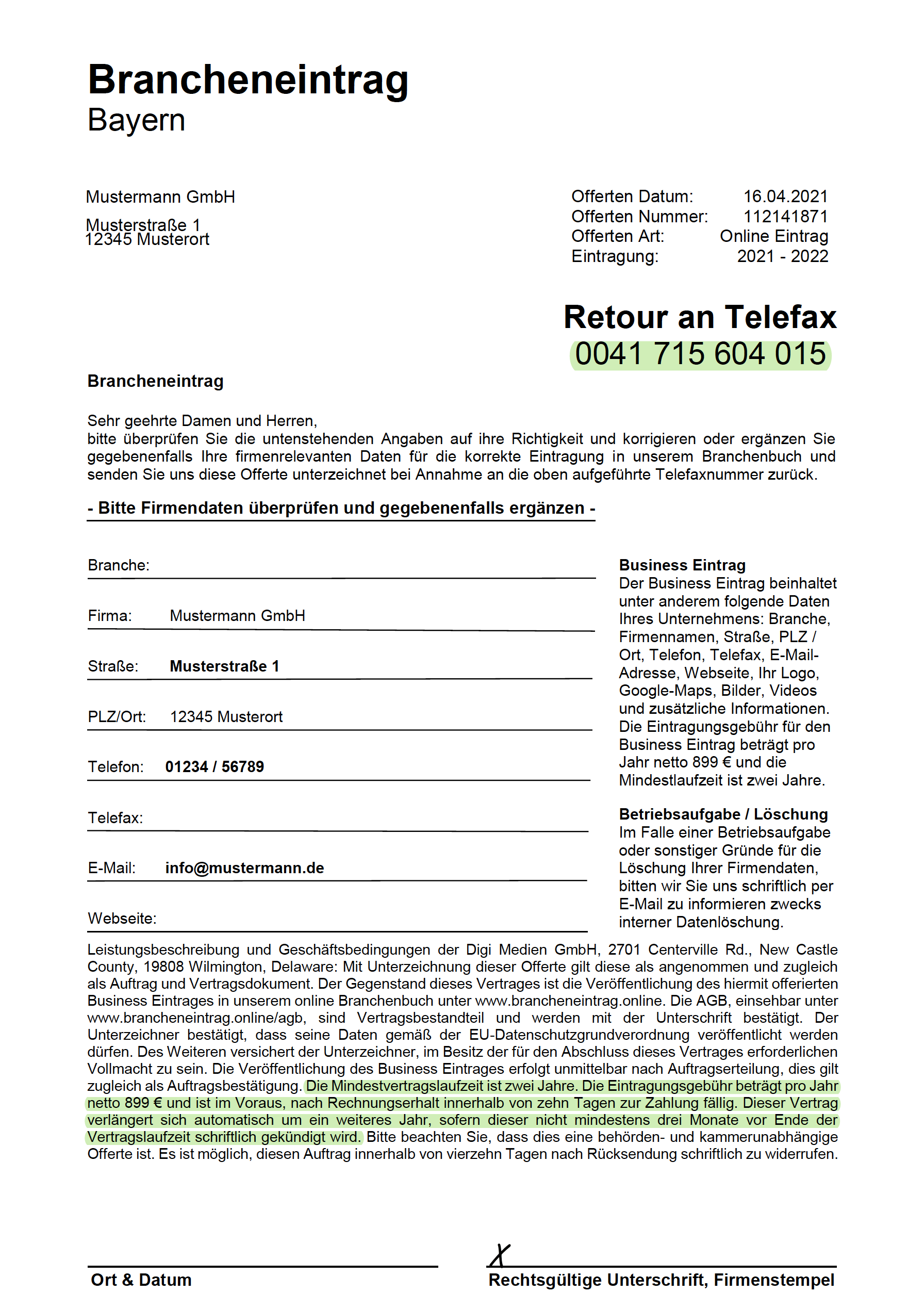 Abzocke Brancheneintrag Bayern