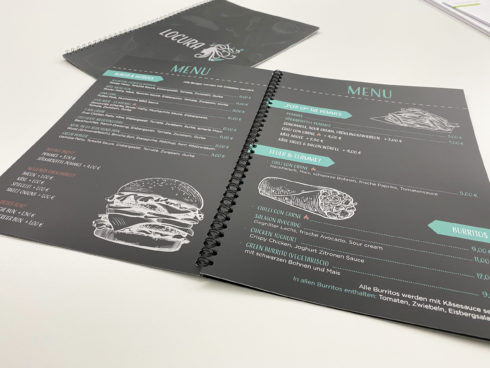Speisekarte, Design, Getränkekarte, Spiralbindung, schwarz, weiß, Zeichnungen
