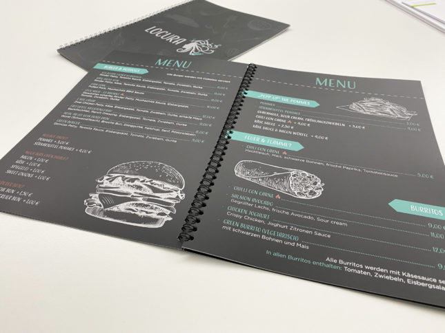 Speisekarte, Design, Getränkekarte, Spiralbindung, schwarz, weiß, Zeichnungen