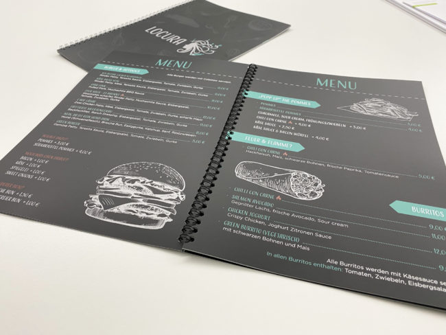 Speisekarte, Design, Getränkekarte, Spiralbindung, schwarz, weiß, Zeichnungen