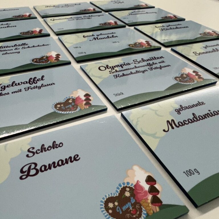 Beschreibbare Preisschilder für den Süßigkeitenstand von Heindls Schlaraffenland