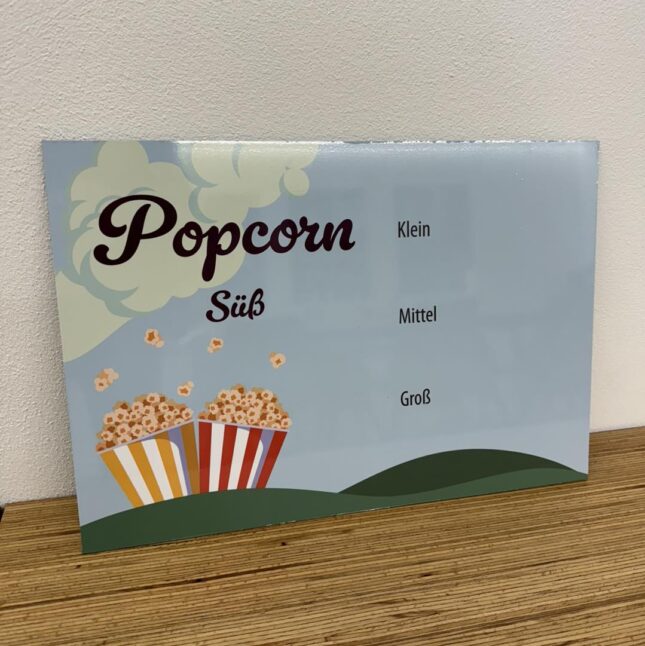 Beschreibbares Werbeschild für Popcorn von Heindls Schlaraffenland