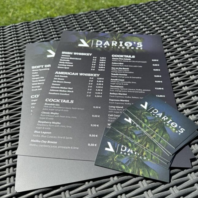 Getränkekarten und Visitenkarten im individuellen Design für Darios Bar in Grafenwöhr
