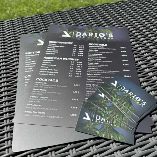 Getränkekarten und Visitenkarten im individuellen Design für Darios Bar in Grafenwöhr