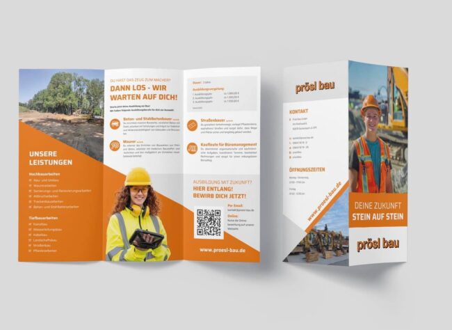 Neu gestalteter Flyer zum Thema Ausbildung für die Prösl Bau GmbH