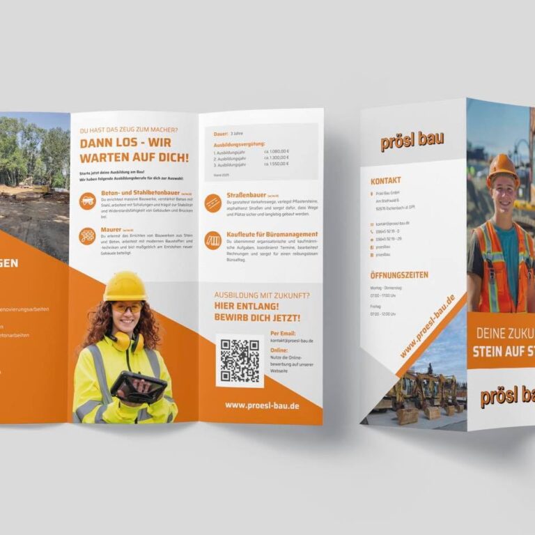 Neu gestalteter Flyer zum Thema Ausbildung für die Prösl Bau GmbH