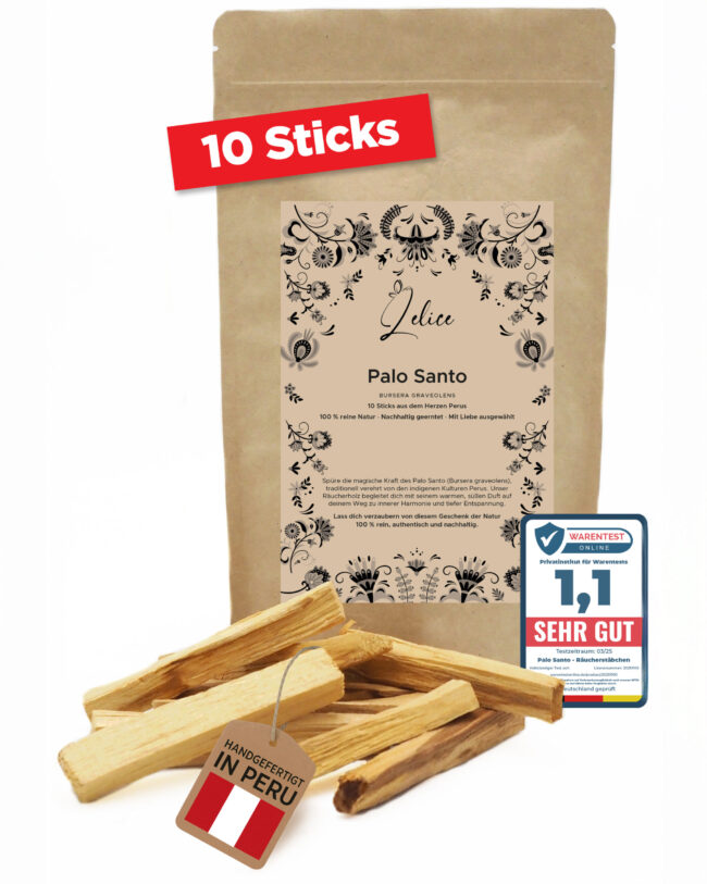 Verpackung mit 10 Palo Santo Sticks, handgefertigt in Peru
