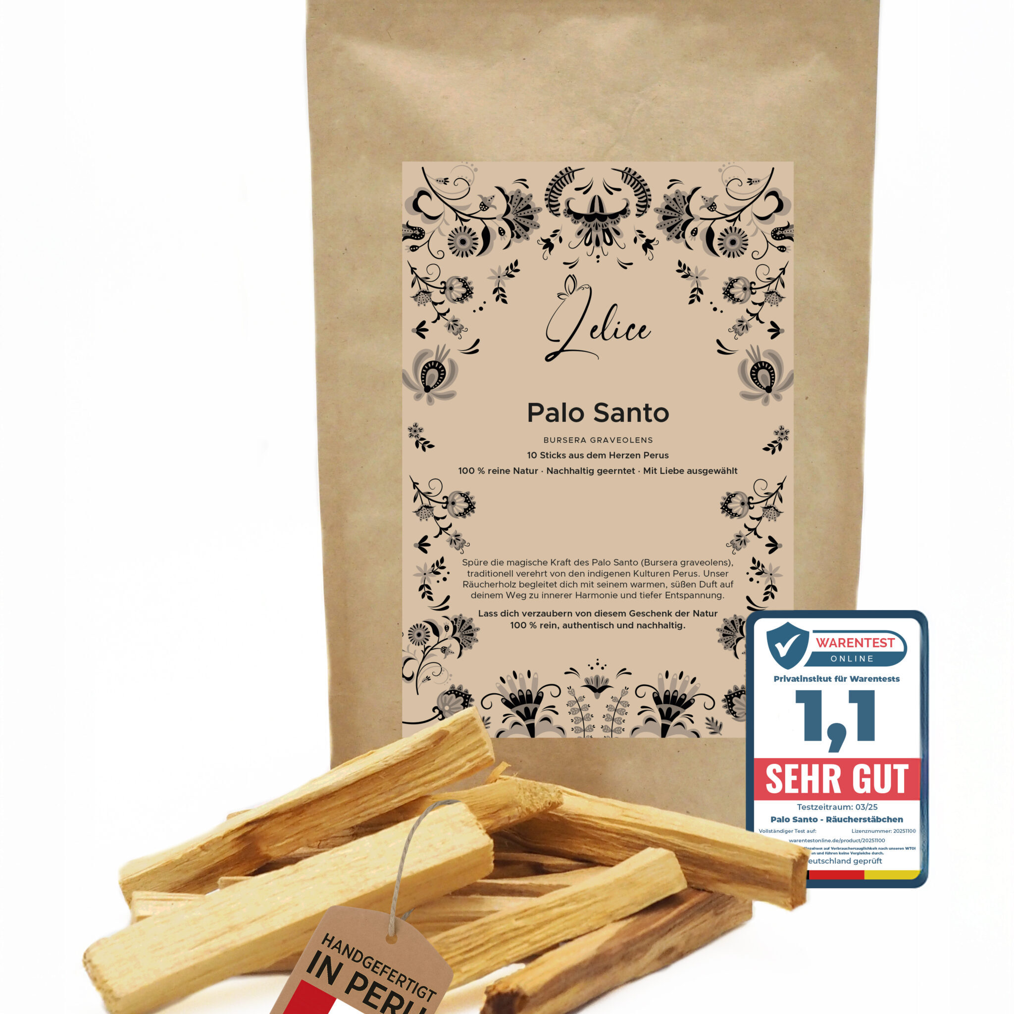 Palo Santo Sticks – Lelice Verpackung mit 10 Palo Santo Sticks, handgefertigt in Peru