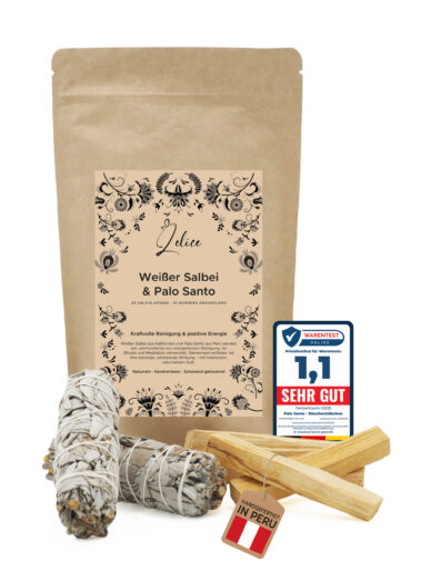 Verpackung mit 2 Bündeln weißer Salbei und 4 Palo Santo Sticks