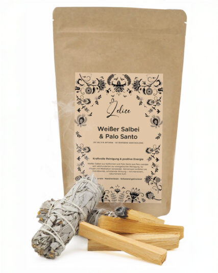 Verpackung mit 2 Bündeln weißer Salbei und 4 Palo Santo Sticks