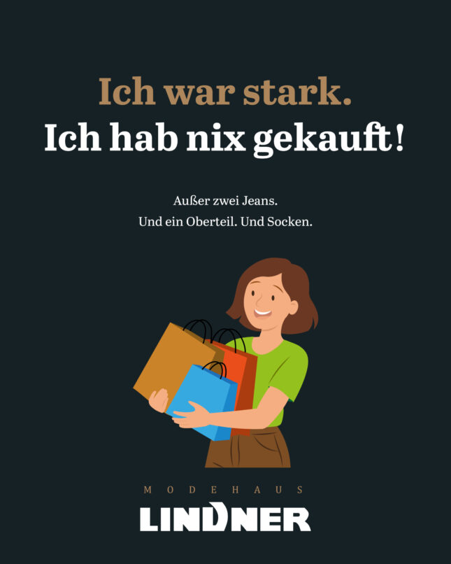 Illustrativer Social-Media-Post für Modehaus Lindner mit humorvollem Spruch und gezeichneter Shopping-Szene