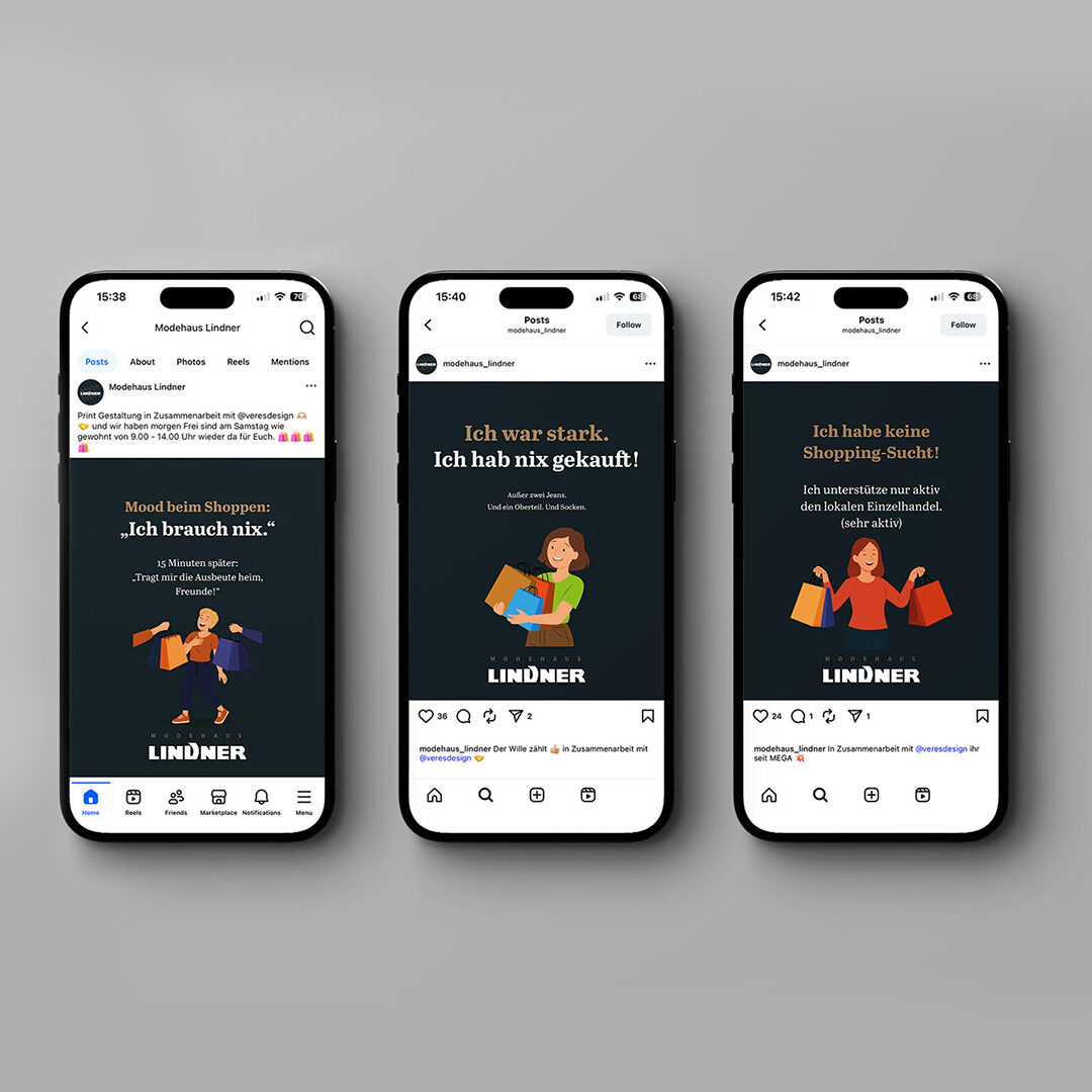 Social Media Design Modehaus Lindner Mockup von drei Smartphones mit illustrativen Social-Media-Posts für Modehaus Lindner