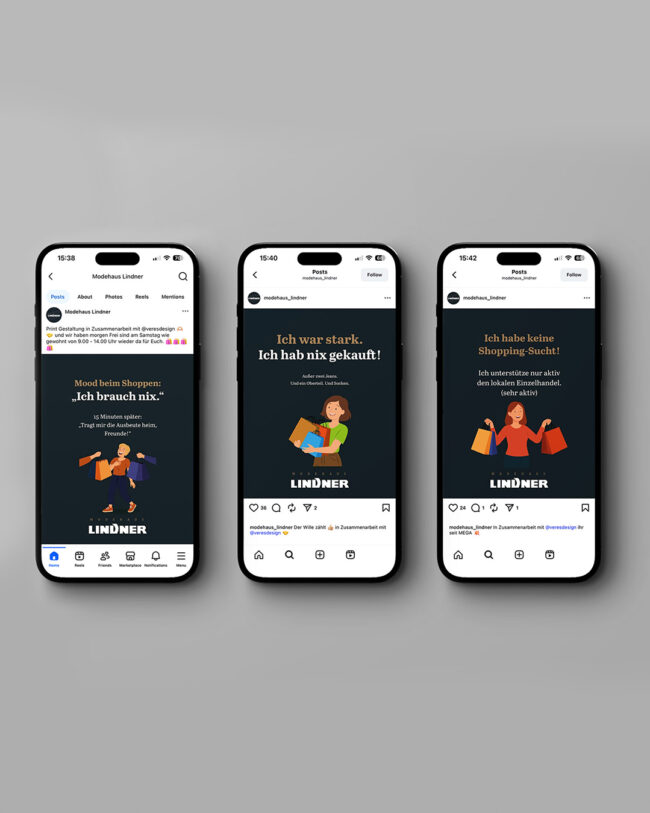 Mockup von drei Smartphones mit illustrativen Social-Media-Posts für Modehaus Lindner