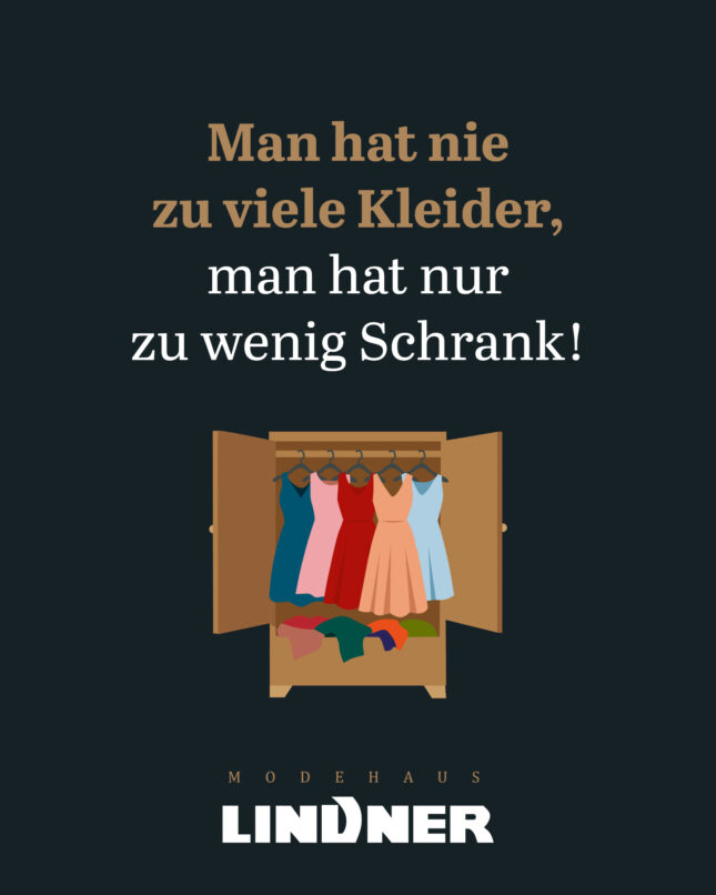 Illustrativer Social-Media-Post für Modehaus Lindner mit humorvollem Spruch und gezeichneter Shopping-Szene