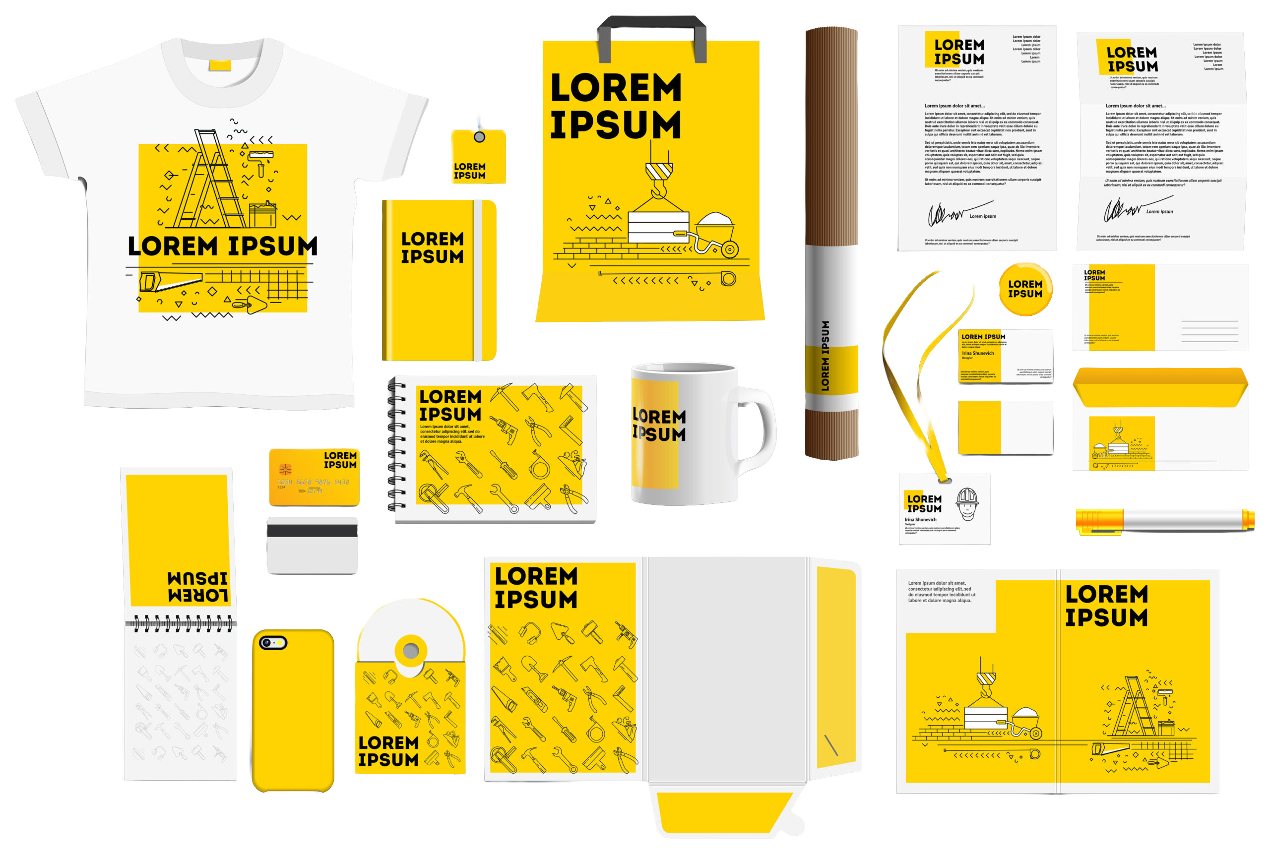 Übersicht verschiedener Corporate-Design-Elemente in Gelb und Weiß, darunter T-Shirt, Notizbuch, Tragetasche, Briefpapier, Visitenkarten, Verpackungen, Tasse und Smartphone-Hülle – jeweils mit einheitlicher Gestaltung und „Lorem Ipsum“-Platzhaltertext.