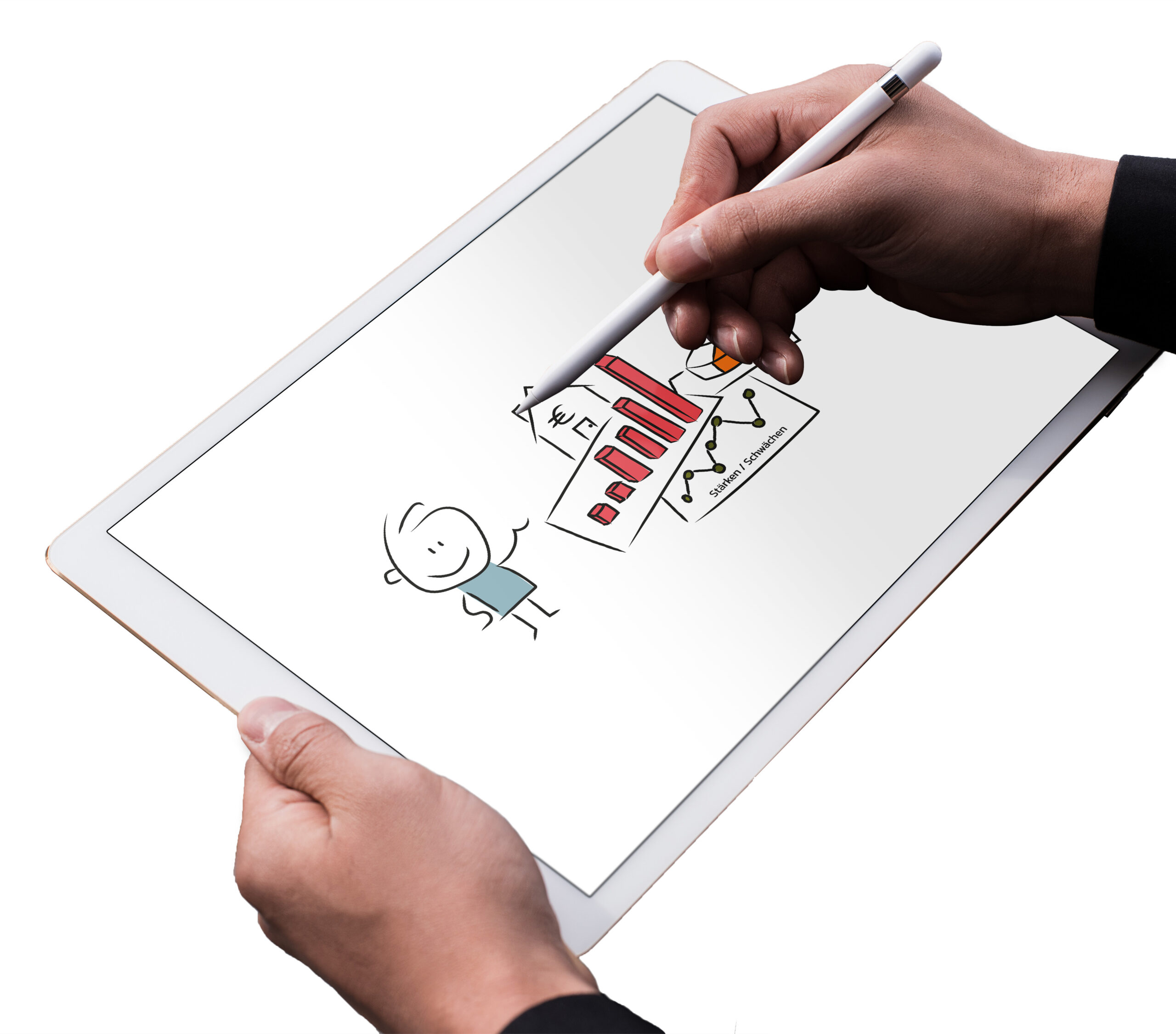Konzeptskizze auf dem Tablet erstellen Hände halten ein Tablet, auf dem mit einem weißen Eingabestift eine einfache Strichillustration bearbeitet wird. Zu sehen sind Diagramme mit Balken- und Liniendiagramm sowie eine kleine gezeichnete Figur.